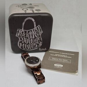 Fossil ES-2963 Women's Crystal Bezel Brown Stainless Steel Watch w/ Box & Manual